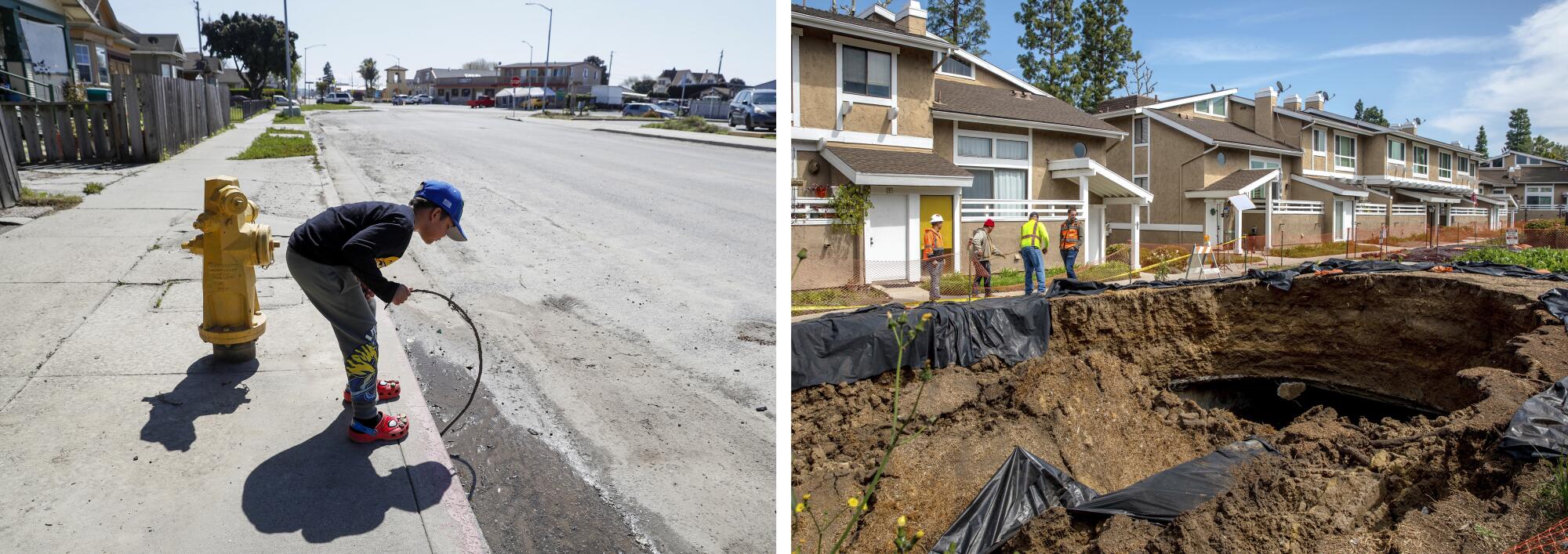 In one photo, a boy dips a stick in a street puddle. In another photo, four workers standing on the edge of a sinkhole.